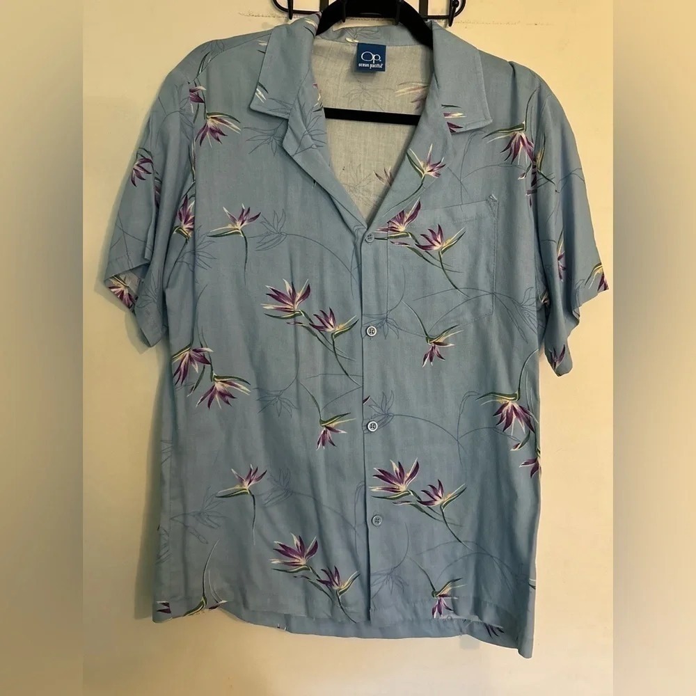 Vintage OP Ocean Pacific‎ Womens Hawaiian Birds of Paradise Button Down Shirt L